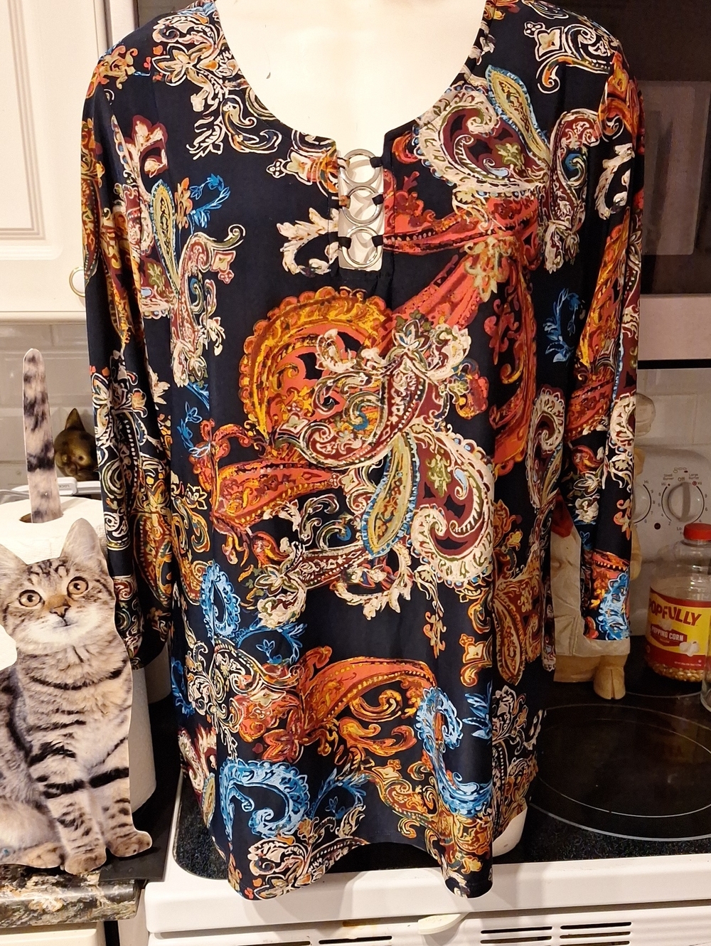 a Ava & Grace Blue Paisley Ring-Front Tunic with Orange and Blue Accents 2X